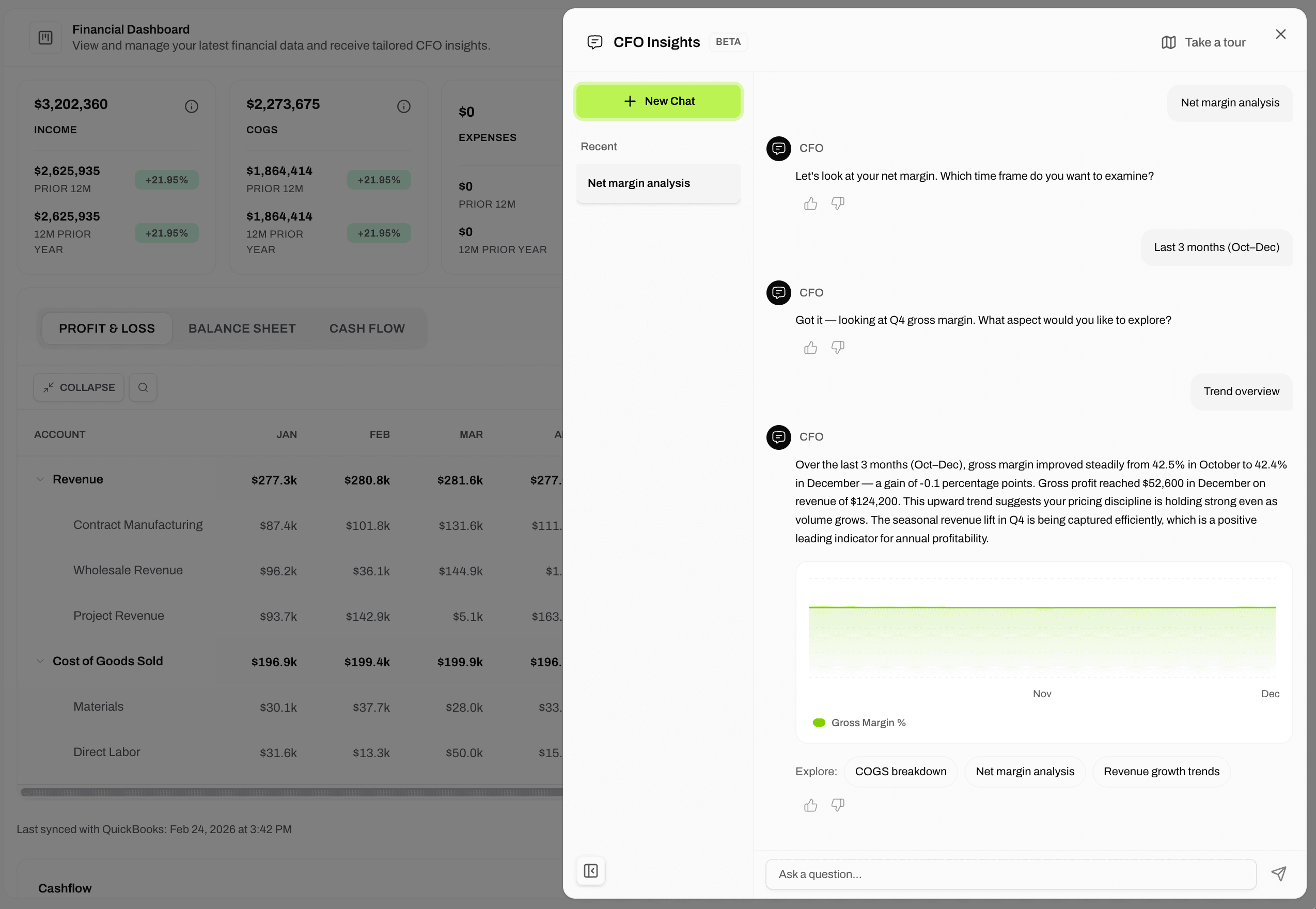 An AI CFO conversation turning a business's numbers into plain answers